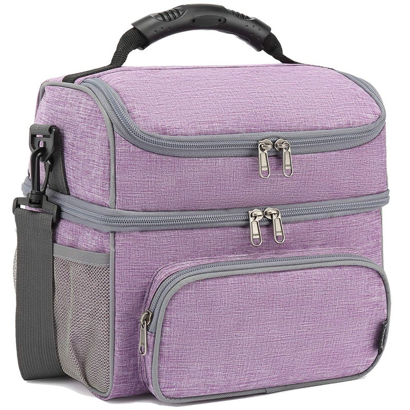 FlowFly Double Layer Cooler Insulated Lunch Bag Adult Lunch Box Large Tote Bag for Men, Women, With Adjustable Strap,Front Pocket and Dual Large Mesh Side Pockets,Purple - Image 1
